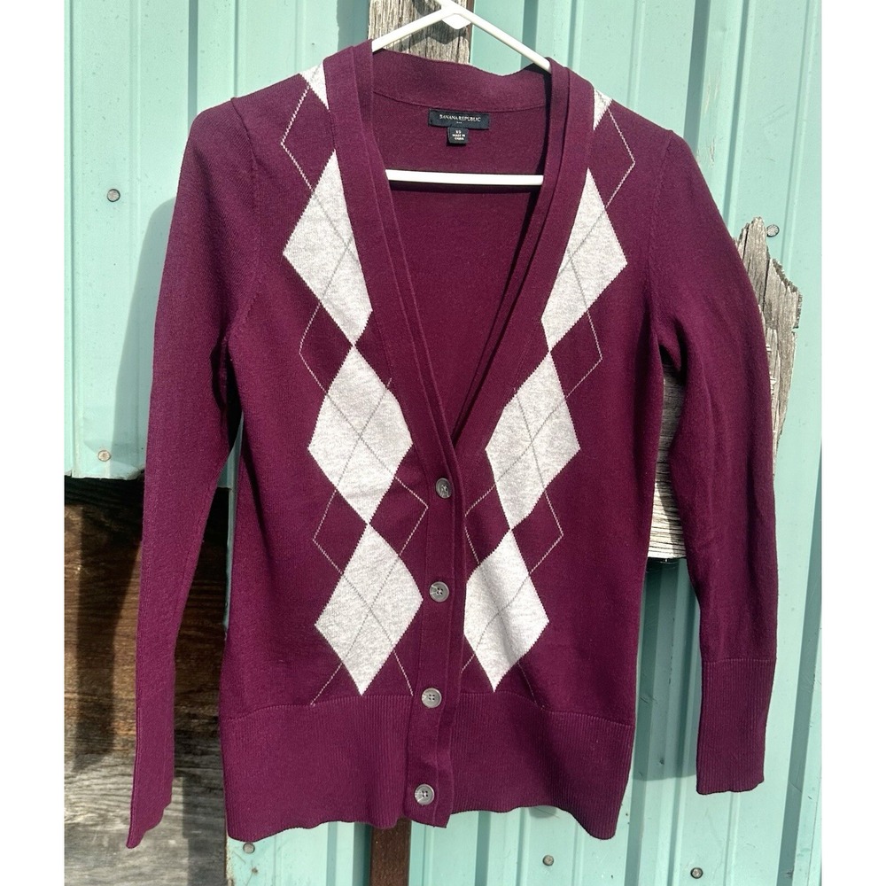 BANANA REPUBLIC XS‎ HARLEQUIN CARDIGAN Angora Rabbit Magenta Button Down Sweater